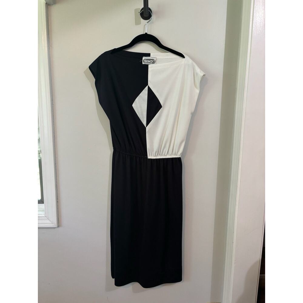 Vintage 70s Womens Size 13 Black & White Colorblock Hostess Maxi Dress
